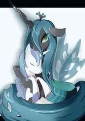 Size: 800x1135 | Tagged: safe, artist:kajiura, queen chrysalis, shining armor, changeling, changeling queen, pony, unicorn, g4, crown, female, hug, jewelry, male, pixiv, regalia, ship:shining chrysalis, shipping, stallion, straight