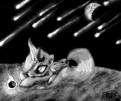 Size: 1024x851 | Tagged: safe, artist:ksopies, princess luna, pony, g4, earth, female, meteor shower, monochrome, moon, solo, traditional art