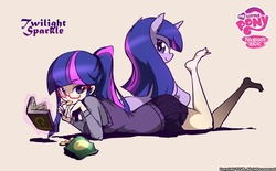 Size: 1591x988 | Tagged: dead source, safe, artist:tcun, twilight sparkle, human, pony, g4, barefoot, book, chips, clothes, cute, feet, glasses, human ponidox, humanized, looking at you, ponytail, prone, reading, skirt, twiabetes