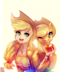 Size: 996x1200 | Tagged: dead source, safe, artist:e-x-p-i-e, applejack, human, pony, g4, apple, cute, human ponidox, humanized, jackabetes, obligatory apple, one eye closed, open mouth, wink