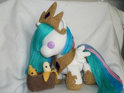 Size: 1024x768 | Tagged: safe, artist:masterplanner, princess celestia, pony, g4, amigurumi, banana, crochet, irl, photo, plushie, solo