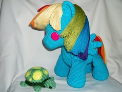 Size: 1024x768 | Tagged: safe, artist:masterplanner, rainbow dash, tank, pegasus, pony, tortoise, g4, amigurumi, crochet, female, irl, mare, photo, plushie, solo