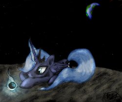 Size: 2468x2052 | Tagged: safe, artist:ksopies, princess luna, alicorn, pony, g4, blue mane, colored, earth, female, fire, glowing, glowing horn, horn, lidded eyes, looking at something, mare, missing accessory, moon, on the moon, planet, prone, smiling, solo, space, stars, stone, traditional art