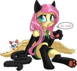 Size: 989x918 | Tagged: safe, artist:kittehkatbar, angel bunny, fluttershy, cat, mouse, pegasus, rabbit, anthro, unguligrade anthro, g4, animal, animal costume, cat costume, cat ears, cat tail, clothes, costume, cute, evening gloves, female, fluttercat, hooves, open mouth, paw gloves, paw pads, paw print hooves, paw socks, rawr, shyabetes, simple background, solo, stockings, stupid sexy fluttershy, sweat, sweating profusely, transparent background