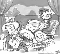 Size: 1000x909 | Tagged: safe, artist:johnjoseco, rarity, snails, snips, spike, g4, band, female, grayscale, guitar, male, mariachi, monochrome, moustache, musical instrument, ship:sparity, shipping, singing, straight