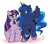 Size: 1000x871 | Tagged: safe, artist:aoi takayuki, princess luna, twilight sparkle, alicorn, pony, unicorn, g4, crown, ethereal hair, ethereal mane, ethereal tail, eyeshadow, female, hoof shoes, jewelry, lesbian, lidded eyes, looking at each other, looking at someone, makeup, mare, missing accessory, open mouth, pixiv, princess shoes, raised hoof, regalia, ship:twiluna, shipping, simple background, slit pupils, smiling, spread wings, tail, teal eyes, tiara, unicorn twilight, walking, white background, wings, wrong eye color