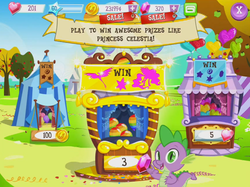 Size: 914x684 | Tagged: safe, gameloft, screencap, philomena, princess celestia, spike, alicorn, dragon, phoenix, pony, g4, my little pony: magic princess, apple, apple tree, balloon, balloon pop, balloon pop stand, balloon popping, bronze, claws, coin, female, food, game, game screencap, gameloft logo, gem, gold, mobile game, party balloon, pointing, popping, silver, solo, tent, tree, video game
