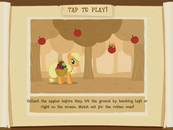 Size: 916x690 | Tagged: safe, gameloft, screencap, applejack, earth pony, pony, g4, my little pony: magic princess, apple, basket, english, error, food, game, gameloft shenanigans, green apple, hatless, instructions, missing accessory, mobile game, text, tree