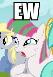 Size: 347x500 | Tagged: safe, edit, edited screencap, screencap, blossomforth, derpy hooves, sunshower raindrops, pegasus, pony, g4, hurricane fluttershy, my little pony: friendship is magic, background pony, caption, cropped, female, mare, reaction image, roflbot, solo focus