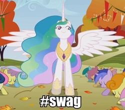 Size: 820x720 | Tagged: safe, edit, edited screencap, screencap, amethyst star, bon bon, carrot top, dizzy twister, golden harvest, orange swirl, parasol, princess celestia, sea swirl, seafoam, shoeshine, sparkler, spring melody, sprinkle medley, sweetie drops, twinkleshine, alicorn, earth pony, pony, unicorn, fall weather friends, g4, my little pony: friendship is magic, caption, female, hashtag, horn, image macro, mare, roflbot, swag, text