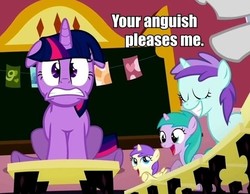 Size: 453x352 | Tagged: safe, edit, edited screencap, screencap, alula, aura (g4), liza doolots, petunia, pluto, princess erroria, tootsie flute, twilight sparkle, alicorn, pony, unicorn, g4, lesson zero, animation error, background pony, caption, cropped, female, filly, image macro, magic kindergarten, mare, meme, spot the alicorn, unicorn aura, unicorn twilight