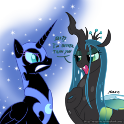 Size: 800x800 | Tagged: safe, artist:srmario, nightmare moon, queen chrysalis, alicorn, changeling, changeling queen, pony, g4, dialogue, female, looking at each other, mare, signature, simple background, transparent background