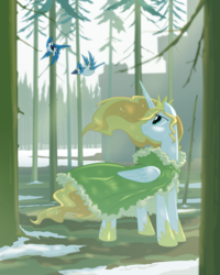 Size: 2400x3000 | Tagged: safe, artist:equestria-prevails, oc, oc only, oc:bonniecorn, alicorn, bird, blue jay, pony, alicorn oc, animal, clothes, female, forest, horn, mare, ponified, snow, solo, wings