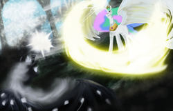 Size: 1024x658 | Tagged: safe, artist:atomicwarpin, princess celestia, oc, g4, duo