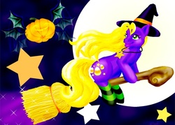 Size: 600x429 | Tagged: safe, artist:midori-no-ink, abra-ca-dabra, earth pony, pony, g3, 2007, bat wings, broom, clothes, female, full moon, halloween, hat, holiday, jack-o-lantern, jewelry, mare, moon, necklace, pumpkin, riding a broom, socks, stars, striped socks, turned head, wings, witch hat