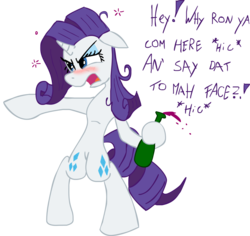 Size: 2739x2589 | Tagged: safe, artist:tixolseyerk, rarity, pony, unicorn, g4, bipedal, blushing, bottle, drunk, female, mare, simple background, solo, transparent background