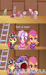 Size: 500x800 | Tagged: safe, edit, edited screencap, screencap, apple bloom, cheerilee, scootaloo, spike, sweetie belle, g4, the show stoppers, clothes, comic, cutie mark crusaders, screencap comic, show stopper outfits, sweetie derelle
