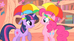 Size: 720x405 | Tagged: safe, edit, edited screencap, screencap, pinkie pie, twilight sparkle, pony, unicorn, feeling pinkie keen, g4, season 1, animated, boop, cute, duo, female, hat, honk, umbrella hat, unicorn twilight