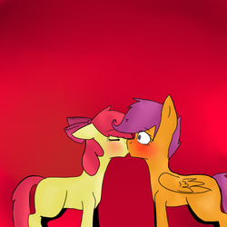 Size: 700x700 | Tagged: safe, artist:rainbowderps, apple bloom, scootaloo, earth pony, pegasus, pony, g4, blushing, duo, eyes closed, female, kiss on the lips, kissing, lesbian, red background, ship:scootabloom, shipping, simple background, surprise kiss