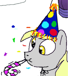 Size: 381x423 | Tagged: safe, artist:derp face, derpy hooves, pegasus, pony, g4, female, flockdraw, hat, mare, party hat, party horn, solo