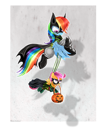 Size: 1025x1240 | Tagged: dead source, safe, artist:lova-gardelius, rainbow dash, scootaloo, g4, batman, costume, mask, nightmare night, robin