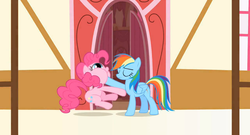 Size: 1364x738 | Tagged: safe, screencap, pinkie pie, rainbow dash, earth pony, pegasus, pony, g4, griffon the brush off, season 1