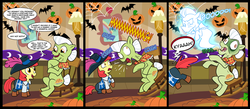 Size: 1700x744 | Tagged: safe, artist:madmax, apple bloom, granny smith, earth pony, ghost, ghost pony, pony, undead, zombie, zombie pony, g4, comic, crossing the line twice, dead, death, giving up the ghost, heart attack, musketeer, nightmare fuel