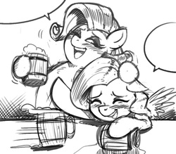 Size: 922x808 | Tagged: safe, artist:kevinsano, fluttershy, rarity, pony, g4, blushing, cider, drunk, duo, grayscale, monochrome