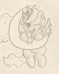 Size: 455x571 | Tagged: safe, artist:slightlyshade, princess luna, alicorn, pony, g4, cheek fluff, chibi, clothes, crescent moon, cute, ear fluff, female, fluffy, leg fluff, mare, monochrome, moon, pubic fluff, scarf, shoulder fluff, solo, spread wings, tangible heavenly object, traditional art, wings