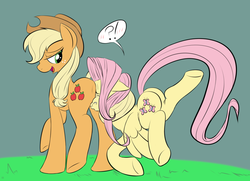 Size: 1550x1125 | Tagged: safe, artist:kidkaizer, applejack, fluttershy, earth pony, pegasus, pony, g4, butt, faceful of ass, female, flutterseat, lesbian, nonconsensual, plot, ship:appleshy, shipping