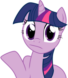 Size: 500x572 | Tagged: safe, edit, twilight sparkle, pony, unicorn, g4, female, frown, mare, raised hoof, reaction image, shrug, simple background, solo, transparent background, unicorn twilight