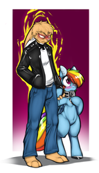 Size: 608x1064 | Tagged: safe, artist:geijutsuka, rainbow dash, oc, oc:0r0ch1, g4, collar, furry, leash, non-mlp oc