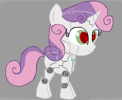 Size: 1038x854 | Tagged: safe, artist:trolllightsparkle, sweetie belle, pony, robot, unicorn, g4, female, filly, foal, hooves, horn, red eyes, smiling, solo, sweetie bot