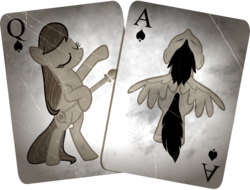 Size: 1629x1236 | Tagged: safe, artist:sirhcx, octavia melody, oc, oc:blackjack, earth pony, pegasus, pony, g4, ace of spades, bipedal, card, cutie mark, eyes closed, pegasus oc, playing card, simple background, transparent background, vector, wings