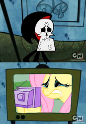 Size: 477x689 | Tagged: safe, fluttershy, pony, g4, cartoon network, exploitable meme, fluttercry, grim, inception, meme, the grim adventures of billy and mandy, tv meme