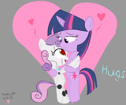 Size: 1299x1078 | Tagged: safe, artist:trolllightsparkle, sweetie belle, twilight sparkle, pony, robot, unicorn, friendship is witchcraft, g4, bipedal, cutie mark, female, filly, foal, heart, hooves, horn, hug, love, open mouth, ship:twibelle, smiling, sweetie bot, text