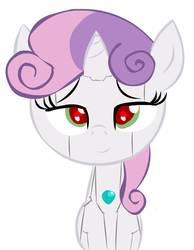 Size: 493x634 | Tagged: safe, artist:trolllightsparkle, sweetie belle, pony, robot, robot pony, unicorn, g4, bedroom eyes, female, filly, foal, horn, looking at you, red eyes, simple background, smiling, solo, sweetie bot, white background