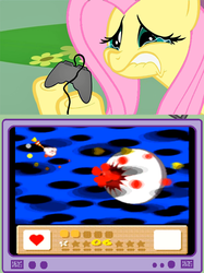 Size: 563x752 | Tagged: safe, fluttershy, cyclops, pegasus, pony, puffball, g4, blood, controller, crying, exploitable meme, explosion, eyeball, female, fluttercry, frown, gamershy, kirby, kirby (series), kirby's dream land 3, lip bite, love-love stick, mare, meme, nintendo, sad, super nintendo, tv meme, you know for kids, zero, zero (kirby)