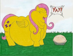 Size: 1280x983 | Tagged: safe, artist:robot001, fluttershy, g4, fat, fattershy, happy, morbidly obese, obese, pie, yay