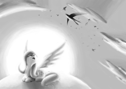 Size: 900x636 | Tagged: safe, artist:fiddlearts, fluttershy, bird, g4, grayscale, monochrome