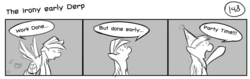 Size: 1280x404 | Tagged: safe, artist:tetrapony, derpy hooves, pegasus, pony, comic:the daily derp, g4, comic, female, mare, monochrome, solo, the irony early derp