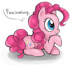 Size: 590x520 | Tagged: safe, artist:milk4ppl, pinkie pie, earth pony, pony, g4, cute, dialogue, diapinkes, fascinating, female, mare, one word, profile, prone, reaction image, simple background, solo, speech bubble, white background