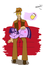 Size: 2276x3418 | Tagged: safe, artist:arsadata111, twilight sparkle, human, g4, crossover, jar, jarate, magic, pee in container, petting, sleeping, sniper, sniper (tf2), team fortress 2, urine