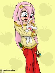 Size: 600x800 | Tagged: safe, artist:phyrexianrevoker, angel bunny, fluttershy, g4, clothes, humanized, sweatershy