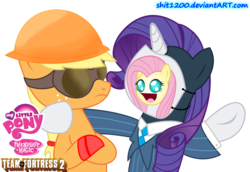 Size: 2200x1516 | Tagged: safe, artist:shit1200, applejack, fluttershy, rarity, earth pony, pony, unicorn, g4, engineer, engineer (tf2), spy, spy (tf2), team fortress 2