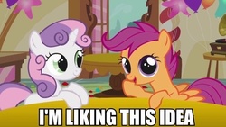 Size: 600x338 | Tagged: safe, scootaloo, sweetie belle, g4, balloon, image macro, reaction image