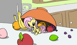 Size: 1280x752 | Tagged: safe, artist:onsaud, fluttershy, pony, g4, apple, banana, female, fruit, fruit bowl, grapes, lime, micro, orange, solo, tiny ponies