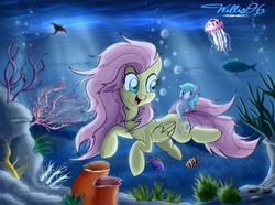 Size: 2977x2220 | Tagged: safe, artist:walliscolours, fluttershy, fish, jellyfish, manta ray, sea pony, g4, swimming, underwater, watershy