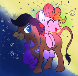 Size: 1900x1863 | Tagged: safe, artist:mister-markers, cranky doodle donkey, pinkie pie, donkey, earth pony, pony, a friend in deed, g4, angry, eyes closed, happy, light and dark, looking back