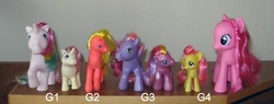 Size: 706x267 | Tagged: safe, baby moondancer, berry bright, fluttershy, pinkie pie, royal rose, windy (g1), earth pony, pegasus, pony, unicorn, g1, g2, g3, g4, comparison, female, filly, foal, horn, irl, mare, photo, raised hoof, spread wings, toy, wings